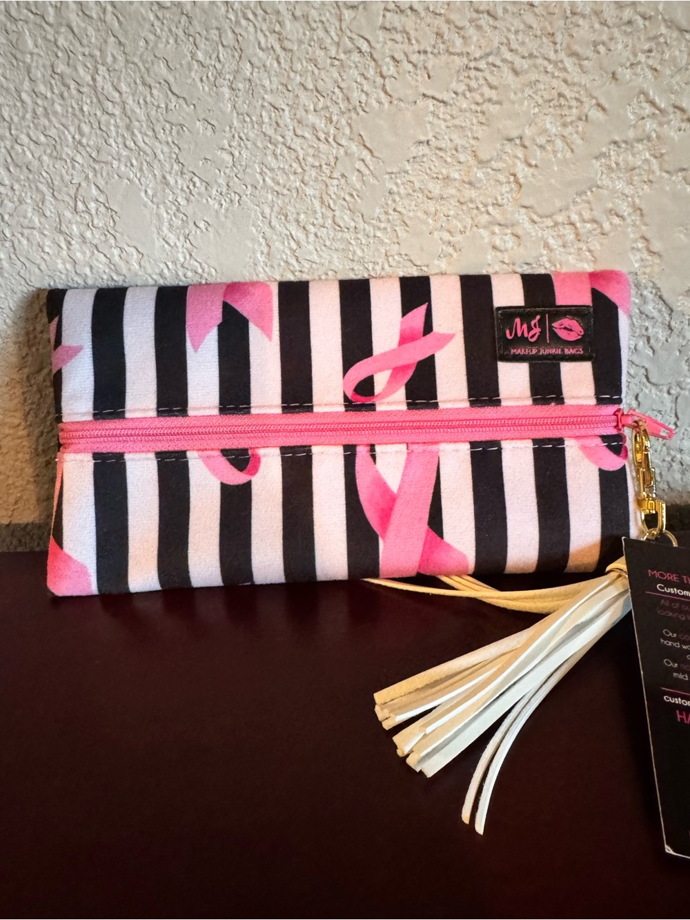 Brand new Makeup Junkie Bags Pink Ribbon Stripe Mini layflat bag